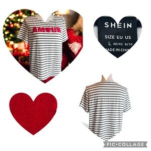 SHEIN Black White Stripe Embroidered AMOUR Heart Pullover Tee Shirt Womens Large